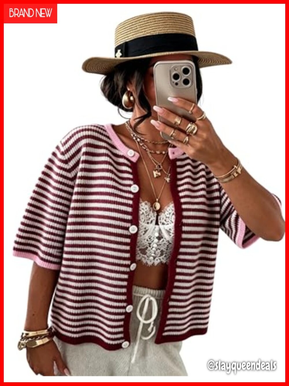 Women's Short Sleeve Striped Button Down Cardigan Lightweight Wool Blend